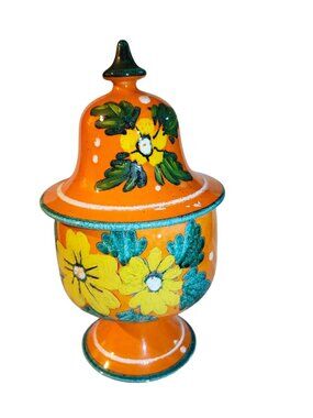Hand-Painted Italian Ceramic Lidded Pedestal Dish 1970s Decor